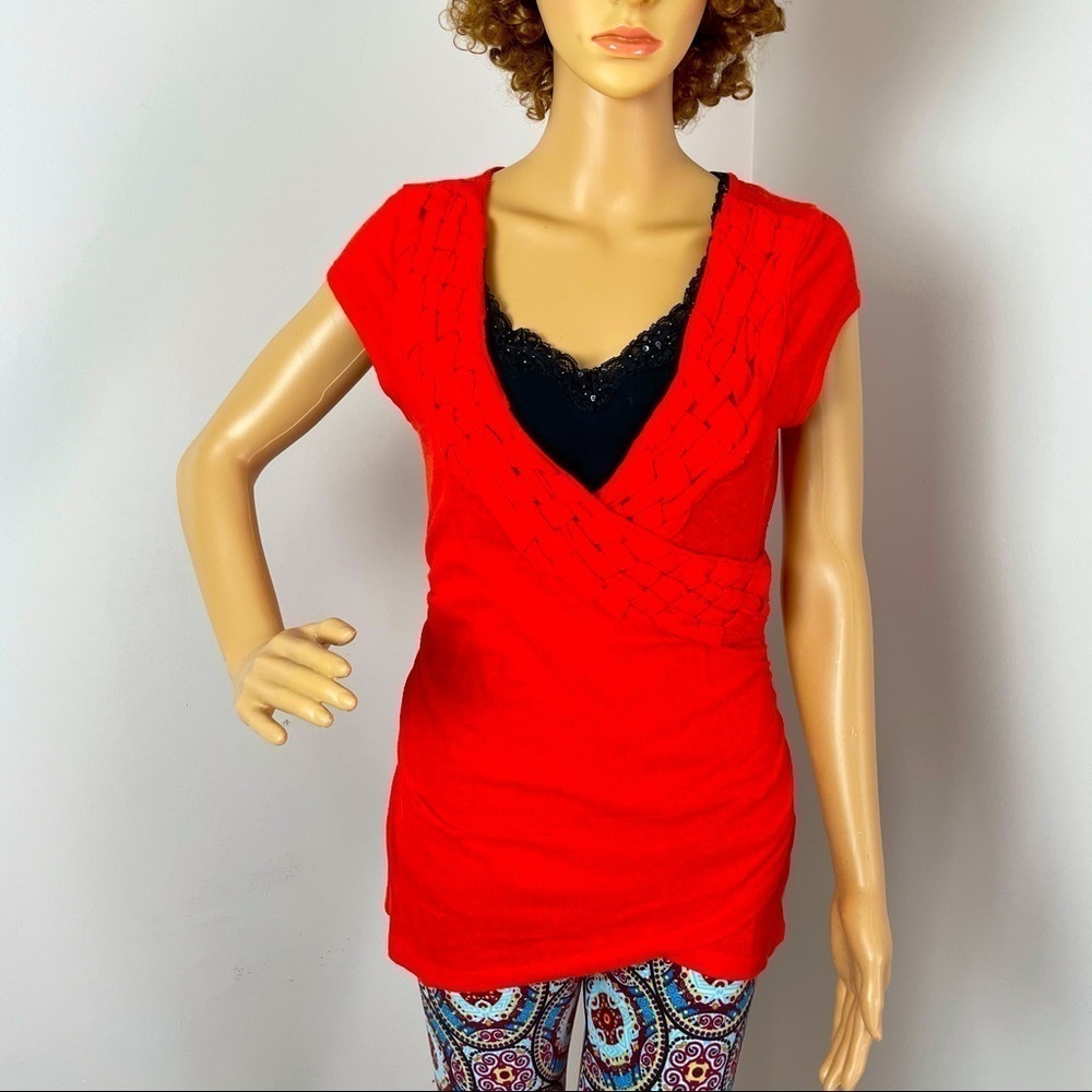 Anthropologie C. Keer Red Knit Top Crisscross V-Neck, Cap Sleeves Small Peti